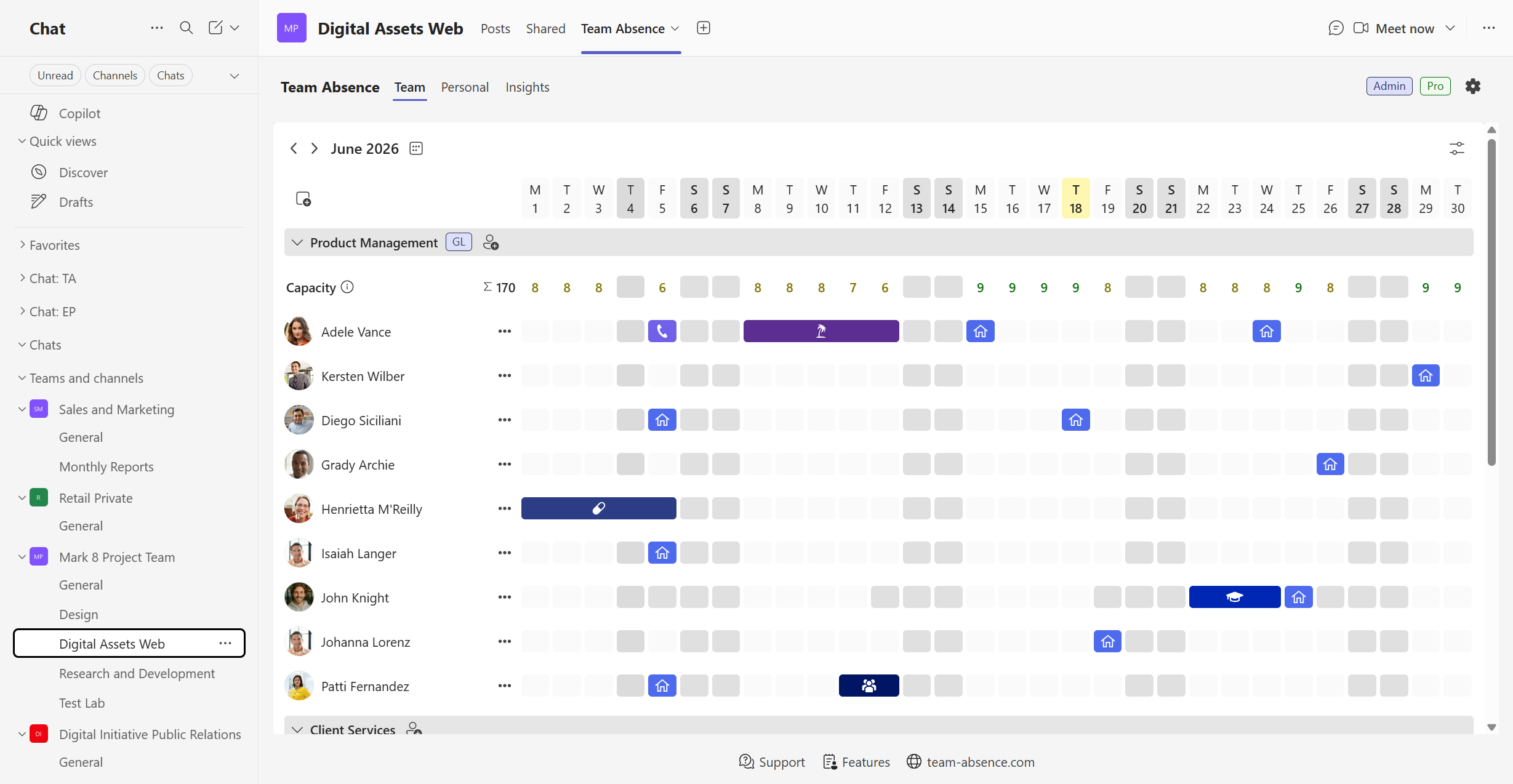 Team Absence calendar overview in Microsoft Teams showing remote work and absence entries