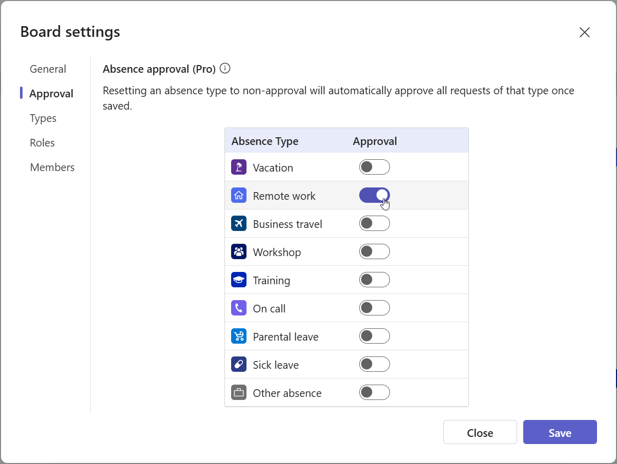 Remote work approval workflow settings in Team Absence