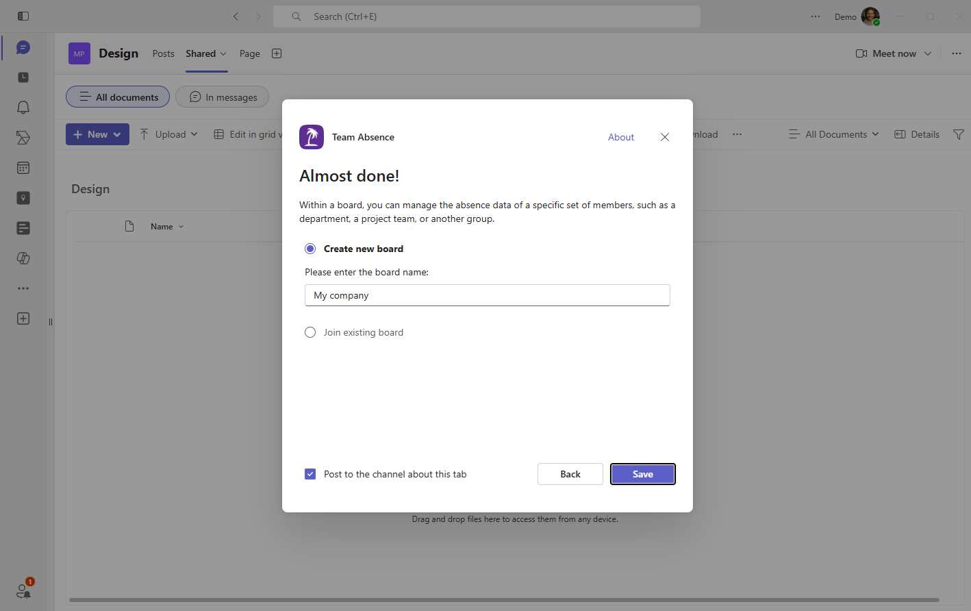 Create or select a Team Absence board