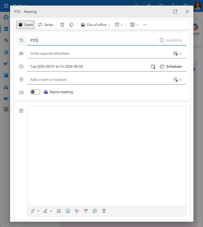 Nuevo evento personal de vacaciones en Outlook con disponibilidad Fuera de la oficina
