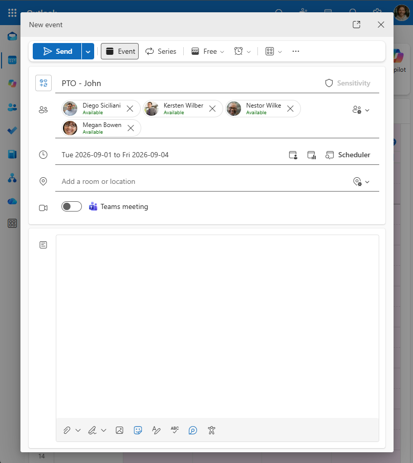 Nuevo evento de equipo de Outlook titulado Vacaciones - John con compañeros invitados y disponibilidad Libre