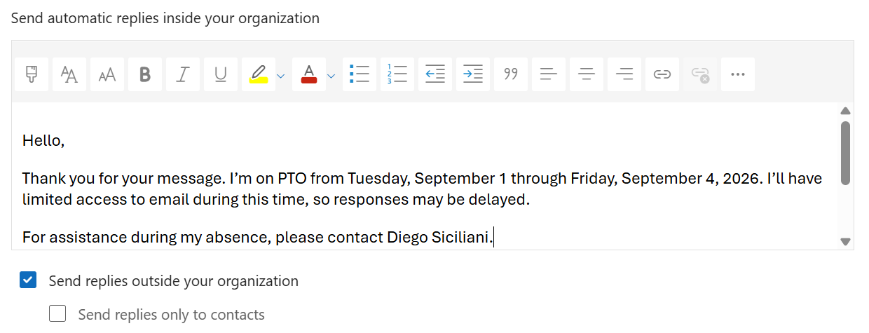 Ejemplo de respuesta automática de Outlook con fechas de vacaciones, acceso limitado al correo y un contacto alternativo