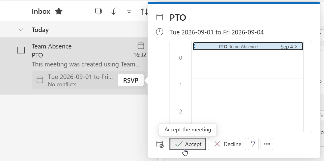 Invitación de reunión de Outlook enviada por Team Absence para unas vacaciones, con fechas y acción Aceptar