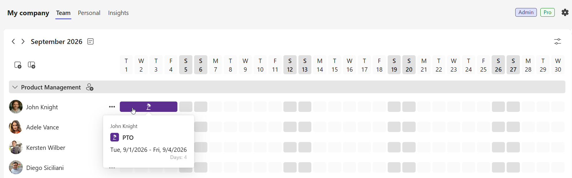Vista del calendario de Team Absence en Microsoft Teams con las ausencias planificadas del equipo