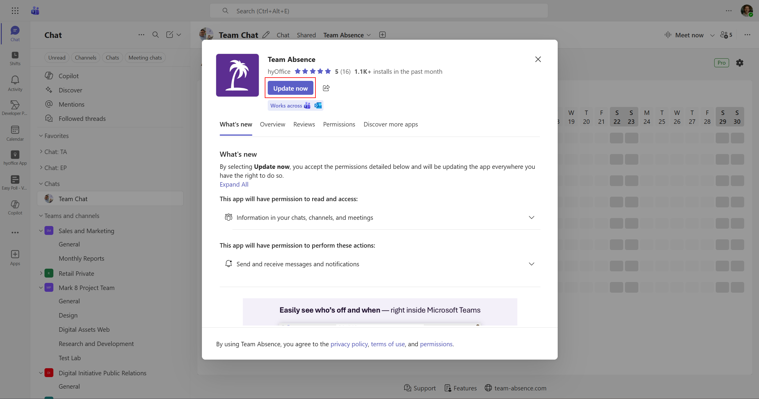 Confirm update dialog in Microsoft Teams