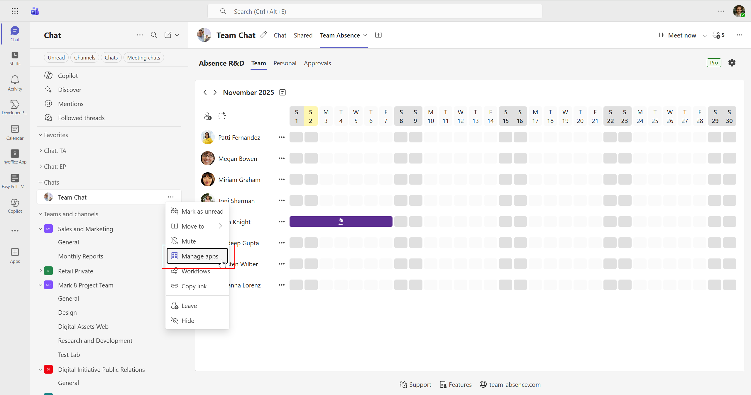 Manage Apps option in group chat menu