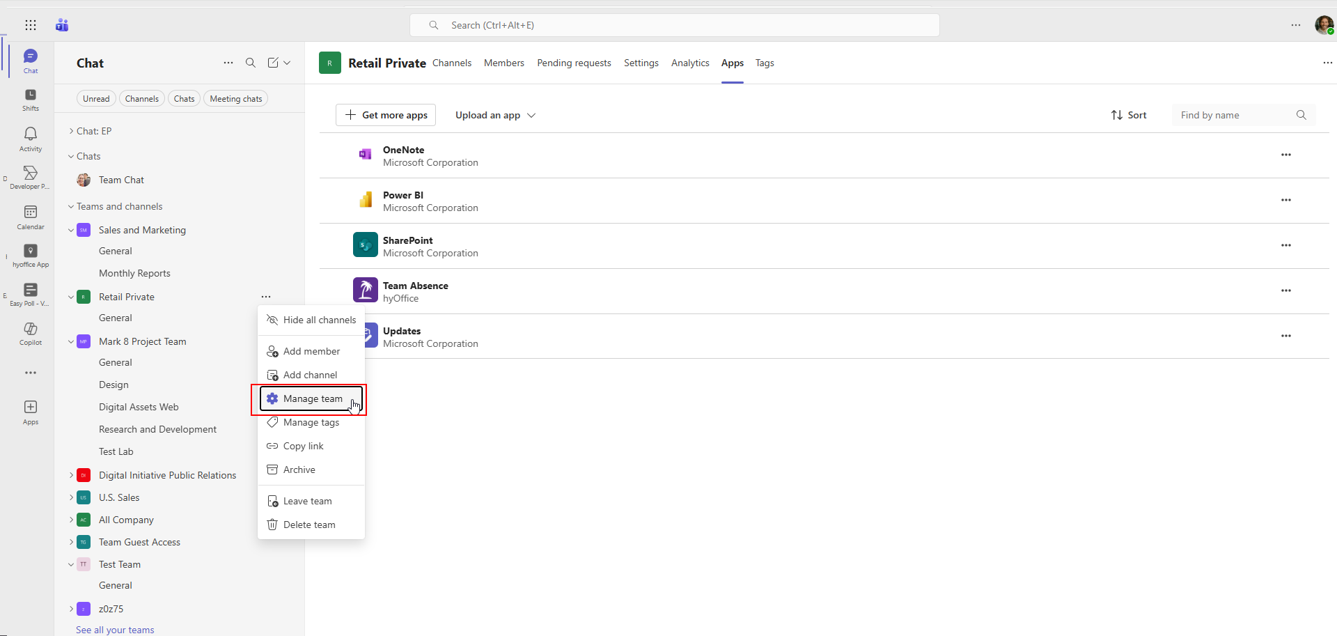 Manage Team option in team menu